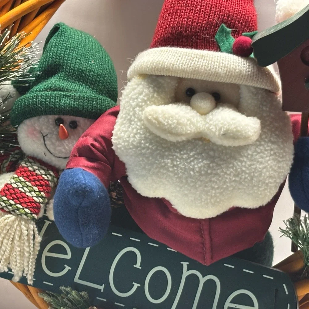 Vintage Festive Santa and Snowman Holiday Wreath - Red and Green